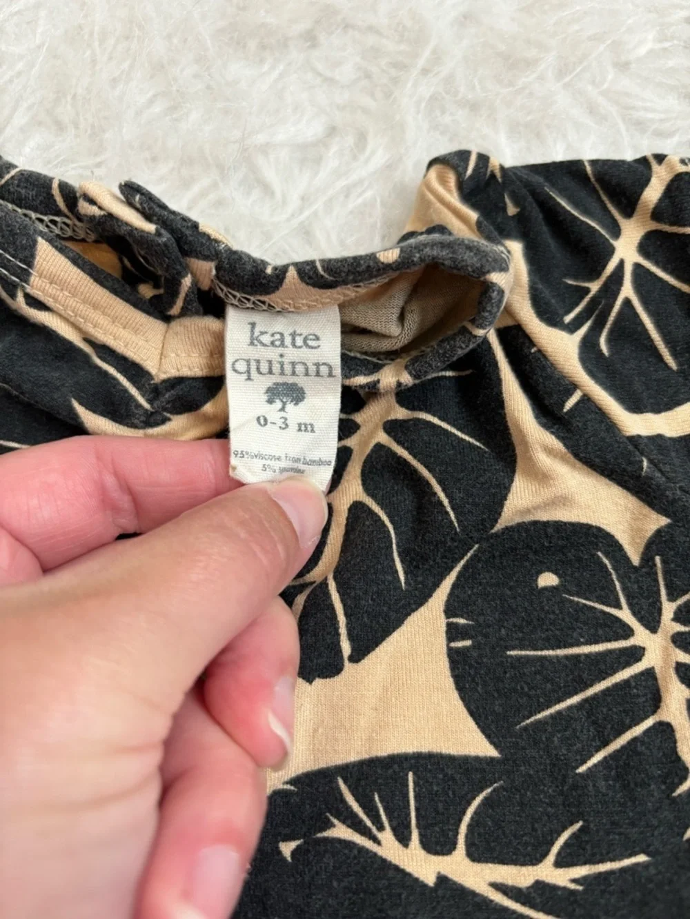 kate quinn Beige Baby Girl Bamboo Skirted Bodysuit, Black Tropical Leaf AOP
